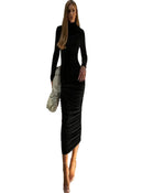 Vestido Midi Feminino — Elegância para Festas — Gola Alta, Manga Longa e Modelagem Justa