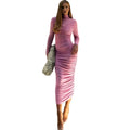 Vestido Midi Feminino — Elegância para Festas — Gola Alta, Manga Longa e Modelagem Justa