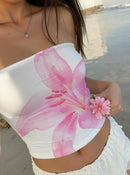 Top cropped feminino casual estilo faixa (bandeau), sem alças e sem costas, com estampa floral e modelagem ajustada — Streetwear Verão