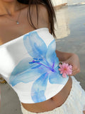 Top cropped feminino casual estilo faixa (bandeau), sem alças e sem costas, com estampa floral e modelagem ajustada — Streetwear Verão