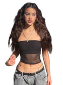 Top Cropped Corset Preto — Modela o Corpo — Tule Patchwork Tomara-que-Caia