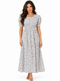 Vestido Midi Floral Branco — Leveza e Elegância — Manga Bufante e Cintura Franzida