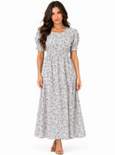 Vestido Midi Floral Branco — Leveza e Elegância — Manga Bufante e Cintura Franzida