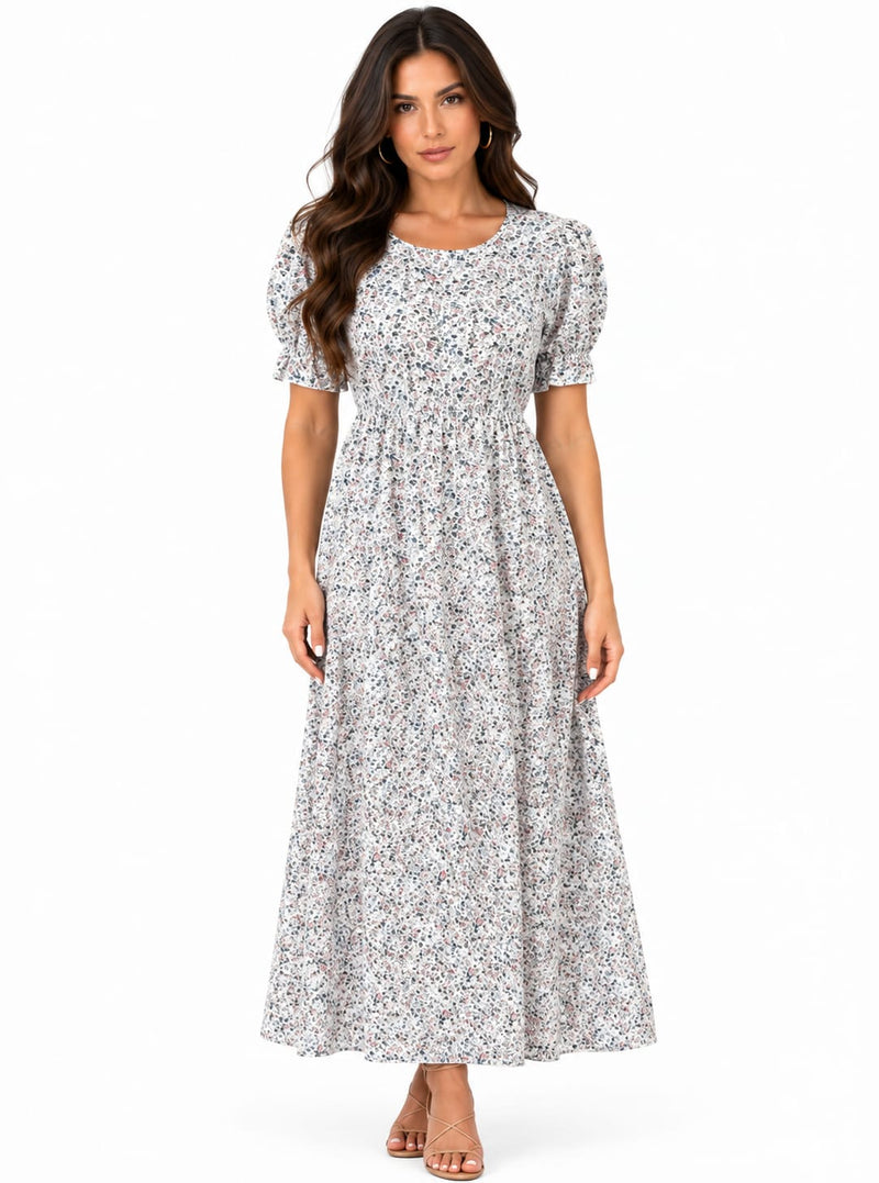 Vestido Midi Floral Branco — Leveza e Elegância — Manga Bufante e Cintura Franzida